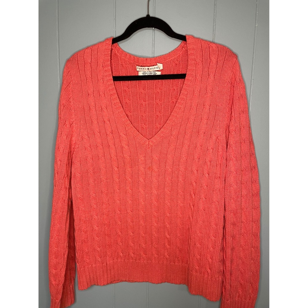 Tommy Hilfiger Cable Knit Sweater Women XXL V-Neck Cotton Long Sleeve Vintage